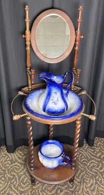 Victorian Washstand with Ironstone Pitcher and Basin. Victorian washstand with twisted columns 