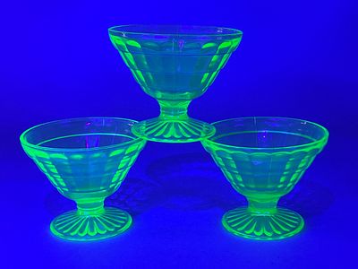 Set of Three Uranium Glass Dessert Cups, Fluted Design. Set of three uranium glass dessert cups 
