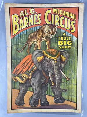 Vintage Circus Poster Featuring Elephant and Tiger, 1960, 19" x 13.5". Vintage circus poster 
