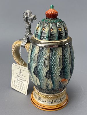 Thewalt Ceramic Beer Stein, Limited Edition 421/5000. Thewalt ceramic beer stein with fish motif 