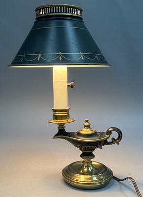 Brass Oil Lamp-Style Table Lamp with Metal Shade. Brass oil lamp-style table lamp with a black 