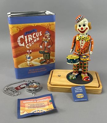 Fossil Circus Clown Tin Toy with Pocket Watch. Fossil Circus Clown tin toy featuring a colorful 