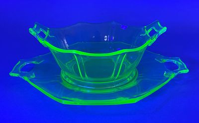 Green Uranium Glass Bowl with Underplate, Octagonal. Green uranium glass bowl with matching 