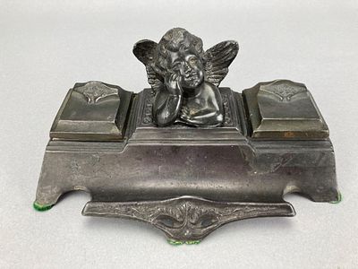 Victorian-Style Angel Inkstand with Two Wells. Victorian-style inkstand featuring an angel 