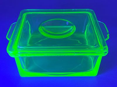 Green Glass Covered Dish with Lid and Handles. Green glass rectangular container with lid 