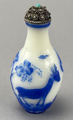 Glass Snuff Bottle with Metal Cap, Blue & White. Glass snuff bottle with metal cap, featuring a 