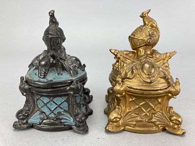 Pair of Knight-Themed Inkwells, Silver and Gold, 2 Inches Each, 2". Pair of knight-themed 