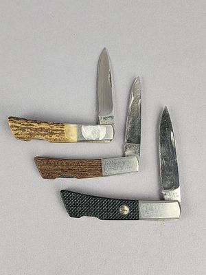 3 Gerber Portland Folding Knives. Three Gerber Silver Knight single-blade lockback folding 