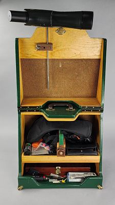 Gun Cleaning Range/Station w/ Firearm Accessories. Green-painted wooden portable gun cleaning 