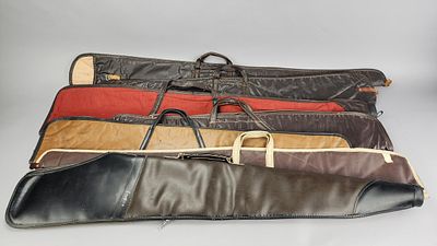 7 Long Gun Rifle Soft Cases. Seven assorted soft long gun cases in brown, tan, black, white, and 