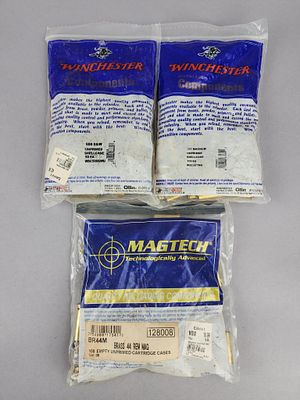 3 Mixed Bags of Empty Brass Casings. Lot comprises one unopened Winchester .357 Magnum package 