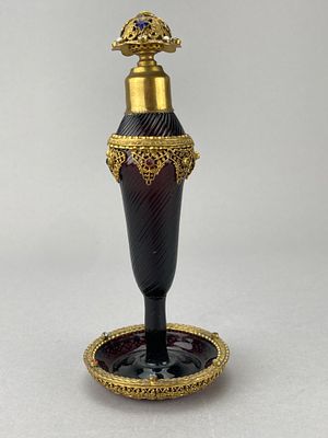 Art Deco Czech Jeweled Amethyst Glass Perfume Bottle. Czechoslovakian Art Deco pedestal perfume 