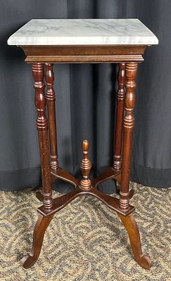 Late Victorian Marble-Top Parlor Stand. Late Victorian parlor stand with a square white marble 