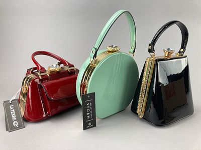 La Terre Vegan Leather Handbags, Set of Three. Set of three La Terre handbags crafted from vegan 