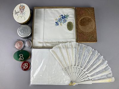 Vintage Vanity Compacts, Fan & Embroidered Handkerchiefs. Mixed vanity and textile collection 