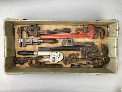 10 Vintage Pipe & Adjustable Wrenches With Postal Tray. Group of 10 assorted pipe, monkey, and 