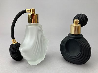 Pair of Art Deco Revival Glass Perfume Atomizers. Two glass perfume atomizers comprising a 