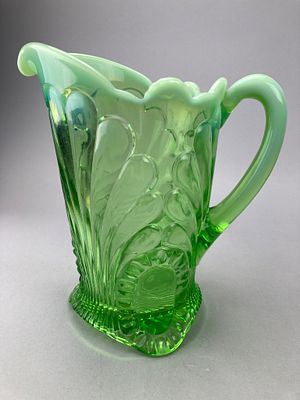Jefferson Tokyo Green Opalescent Pitcher, 1905-1907. Jefferson Glass Company Tokyo pattern water 