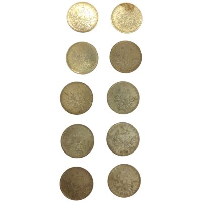 צרפת 5 פרנק , 10 מטבעות משנת 1960 כסף 835 משקל כולל 120 גרם