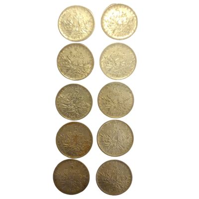 צרפת 5 פרנק , 10 מטבעות משנת 1960 כסף 835 משקל כולל 120 גרם