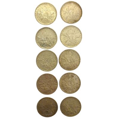 צרפת 5 פרנק , 10 מטבעות משנת 1960 כסף 835 משקל כולל 120 גרם