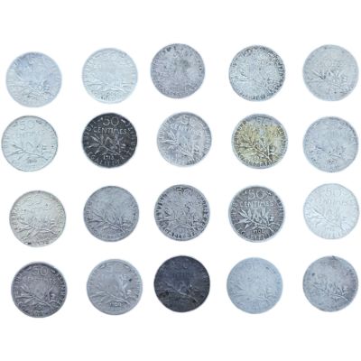 צרפת-סילבר -50 סנטימיס- לוט 20 מטבעות כסף 0.835 משקל כולל 50 גרם