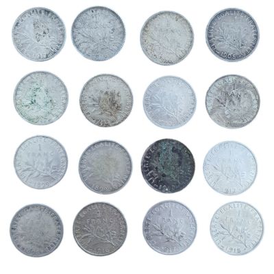 צרפת כסף 1 פרנק- 16 מטבעות כסף 0.835 שנים שונות משקל כולל 80 גרם