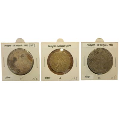פולין לוט 3 מטבעות 10 ו 5 זלוטי מצבים טובים כסף 0.750 משקל כולל 55 גרם