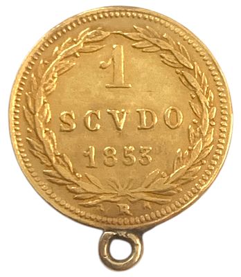 מדינת האפיפיור מטבע זהב בעריך 1 סקדו משנת 1853-B_VII מזהב 0.900 במשקל 1.73 (לולאה בחלקו העליון)