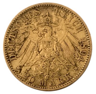 גרמניה מטבע בעריך 20 מארק משנת 1894-A מזהב 0.900 במשקל 7.97 גרם