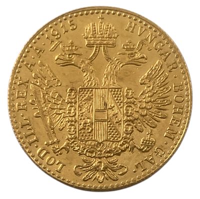 אוסטריה מטבע בעריך 1 דוקאט משנת 1915 מזהב 0.986 במשקל 3.49 גרם