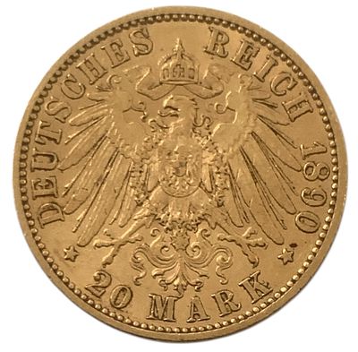 האימפריה הגרמנית מטבע בעריך 20 מארק משנת 1890-A מזהב 0.900 במשקל 7.97