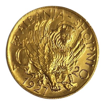 אלבניה מטבע זהב בעריך 20 פרנגה משנת 1927 - KM-12 במצב UNC זהב 0.900 במשקל 6.45 גרם הנפקה נמוכה 