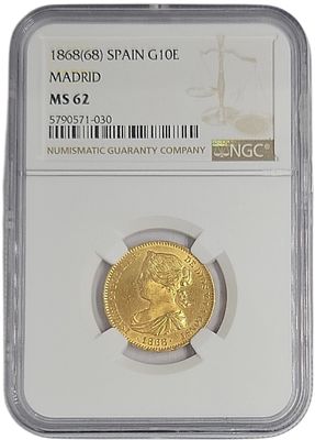 ספרד מטבע זהב בעריך 10 אסקודוס KM-636 משנת 1867 במצב UNC זהב 0.900 במשקל 8.39 גרם מדורג NGC MS-62