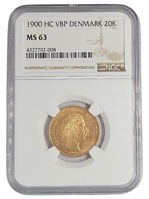 דנמרק מטבע זהב בעריך 20 קרונר KM-791 משנת 1900 במצב UNC זהב 0.900 במשקל 8.96 גרם מדורג NGC MS-63