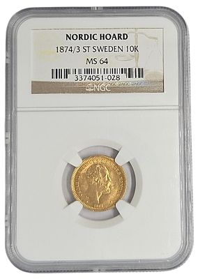 שודיה מטבע זהב בעריך 10 קרונר KM-732 משנת 1874-ST במצב UNC זהב 0.900 במשקל 4.48 גרם מדורג NGC MS-64