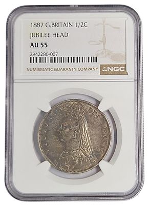 Great Britain מטבע בעריך 1/2 crown משנת 1887 מכסף 0.925 במשקל 14.14 מדורג NGC AU55 jubilee head