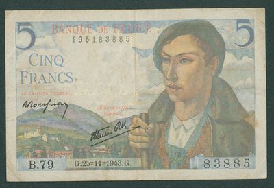 צרפת שטר בעריך 5 פרנקים משנת 1943 P-98a.1 במצב VF