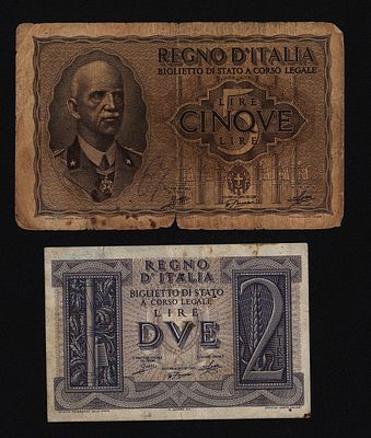 איטליה 2 שטרות בעריכים שונים משנת 1944 במצבים שונים
