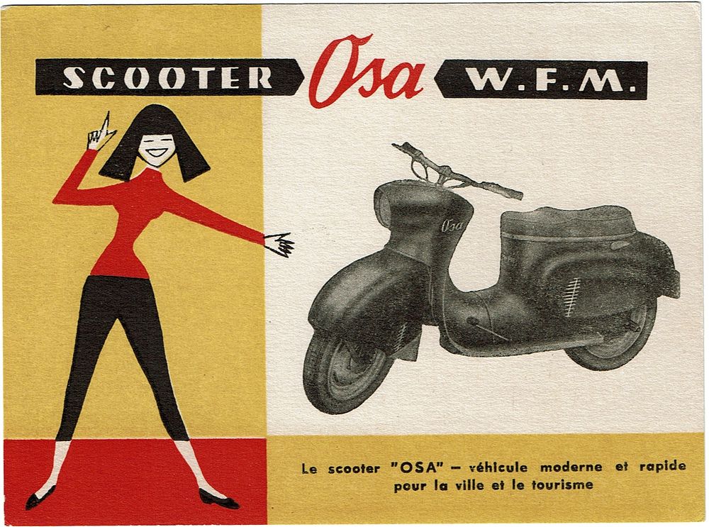 קטנוע פולני "Osa" תוצרת החברה W.F.M. שלוש כרטיסי פרסומת שונים, צבעונים ומאוייריים בגרפיקת שנות 