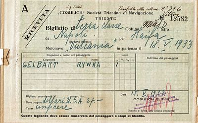 כרטיס נסיעה בחברת הספנות "COSULICH" שישבה בטרייטסה. המסע בספינה '"וולקניה Vulacania" מנאפולי 