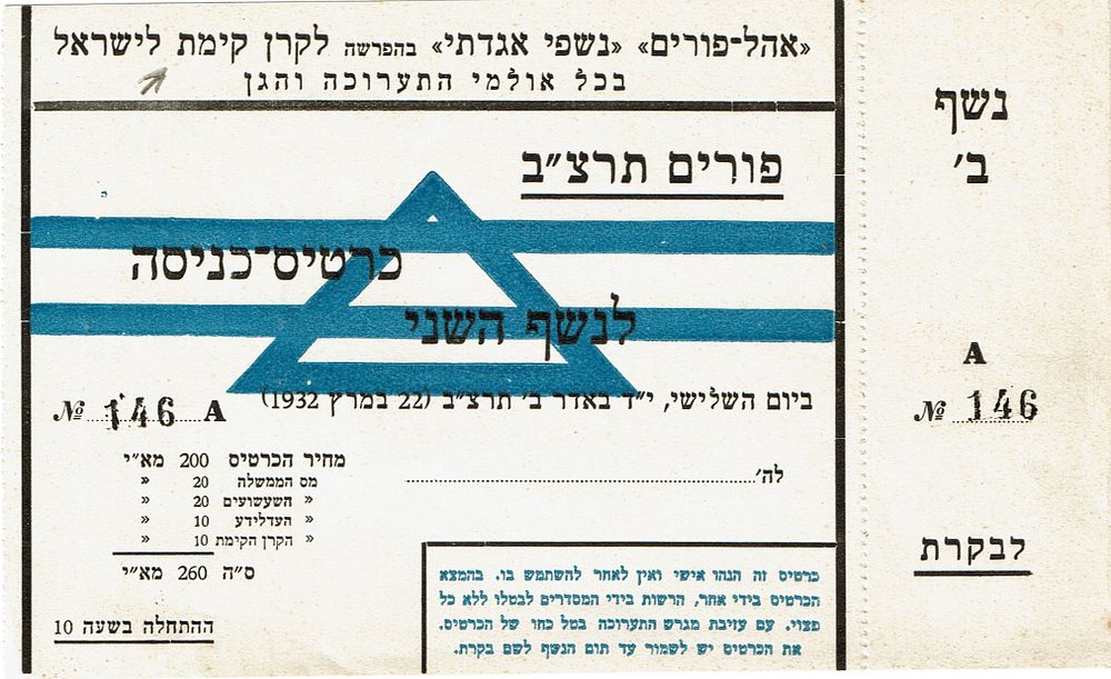 כרטיס כניסה , פורים תרצ"ב, אהל פורים, נשפי אגדתי בהפרשה לקרן הקיימת בכל אולמי התערוכה והגן. 