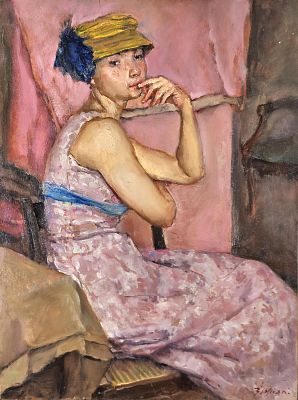 Bresciani Antonio (Napoli 1902 - 1998) - Il cappello di paglia olio su tavola firma: in basso a 