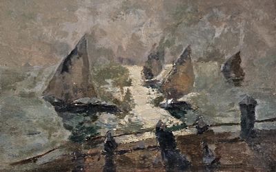 Villani Gennaro (Napoli 1885 - 1948) - Vele all'alba olio su tela firma: in basso a sinistra 