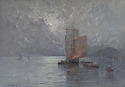 De Corsi Nicolas (Odessa 1882 - Napoli 1956) - Notturno sul mare 1943 olio su cartone firma e 