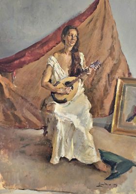 Lambiase Walter (Cava dei Tirreni, SA 1925 - Napoli 2004) - La suonatrice di mandola 1977 olio su 