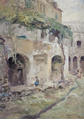 Pratella Fausto (Napoli 1888 - 1946) - Rustico 1910 olio su cartone firma e data: in basso a 