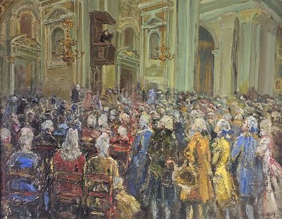 La Bella Vincenzo (Napoli 1872 - 1954) - Santa messa olio su tavola firma: in basso a destra 