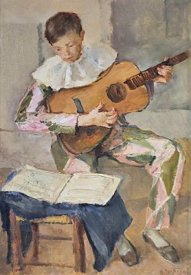 Bresciani Antonio (Napoli 1902 - 1998) - Piccolo Arlecchino olio su cartone firma: in basso a 