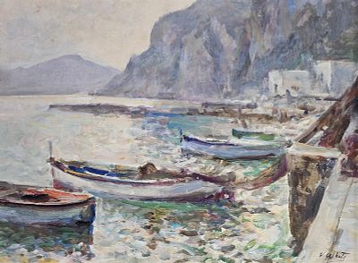 White Valentino (Positano, SA 1909 - 1986) - Porticciolo caprese olio su cartone telato firma: in 